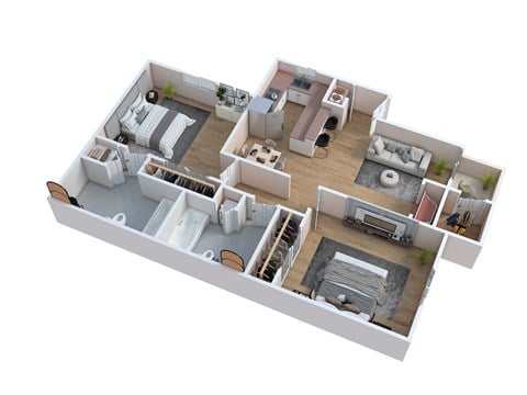 Floor plan for 2 beds, 2 baths, 1000 sqft